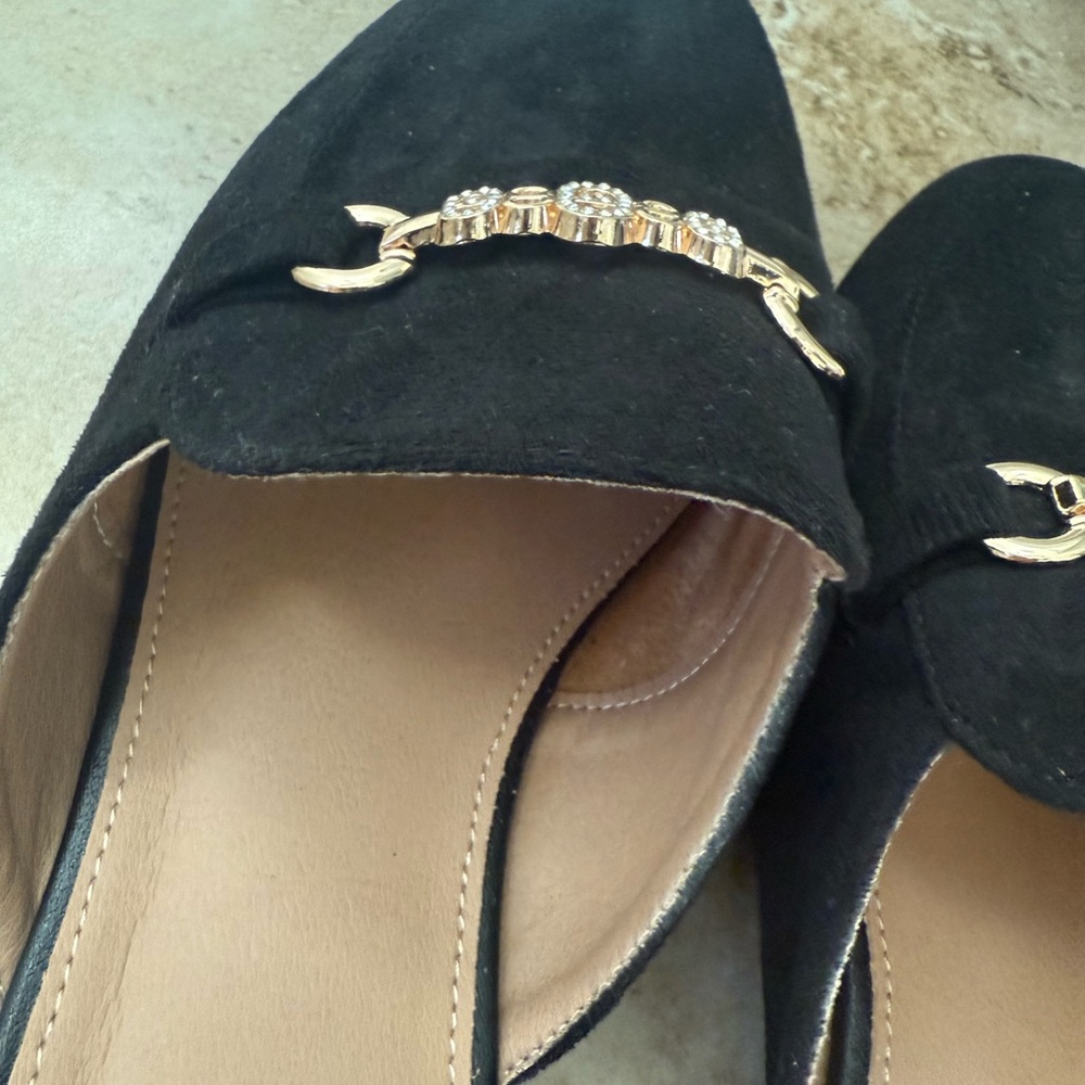 Black Suede Mule Loafers with Gold Chain Detail - Picture 7 of 10